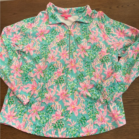 Lilly Pulitzer Quarter Zip- Pink & teal floral print with sea turtles. - Picture 5 of 12